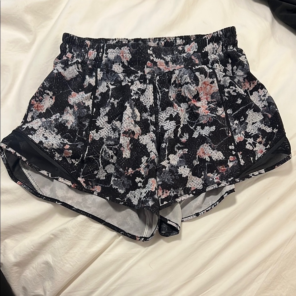 lululemon athletica Black Floral Athletic Shorts with Pink Accents